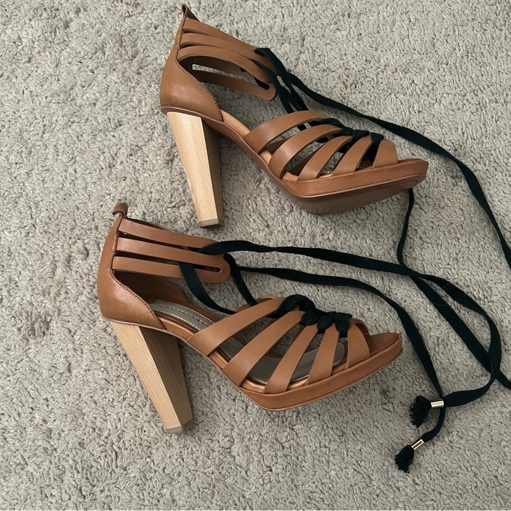 Derek Lam Size 7 Light Brown Lace Up Cage 4” Wood Cone Heel Sandals Like New - Picture 2 of 11